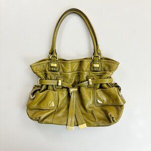 B. MAKOWSKY Moss Green Leather Satchel Y2K Handbag w/Sash Leopard Lining Gold